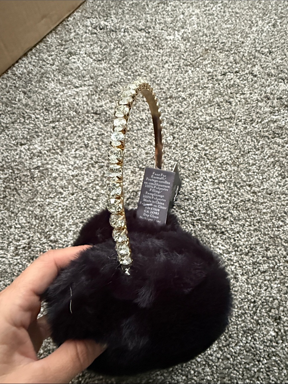Vince Camuto Gold Crystal Headband with Black Faux Fur Earmuffs